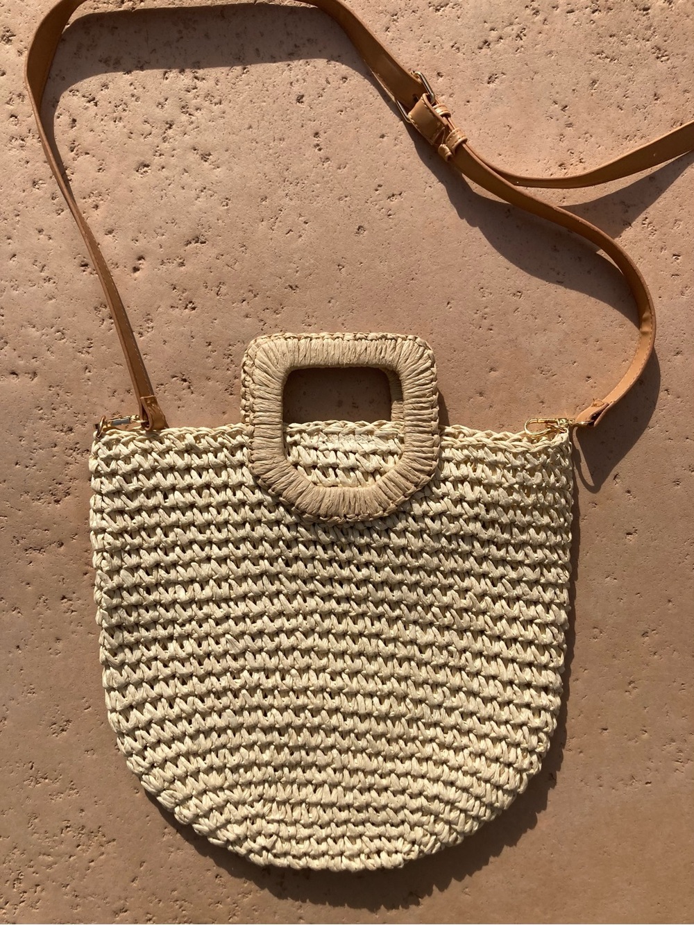 Neutral Raffia Straw Tote Bag Cream Woven Beach Vacation Crossbody Purse Coastal - Picture 3 of 7